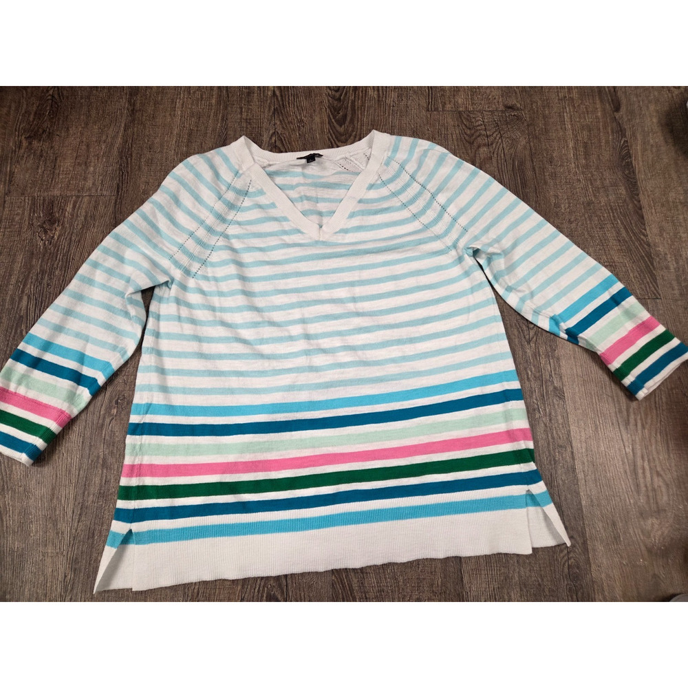 Talbots Sweater White Aqua Large Paradise Stripe V Neck 3/4 Sleeve Casual Thin